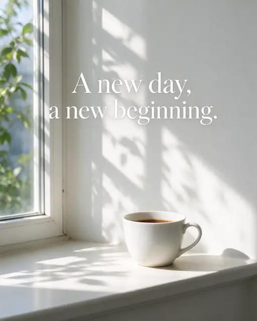 A white coffee cup rests on a sunny windowsill with the quote "A new day, a new beginning." over bright leaf shadowed wall