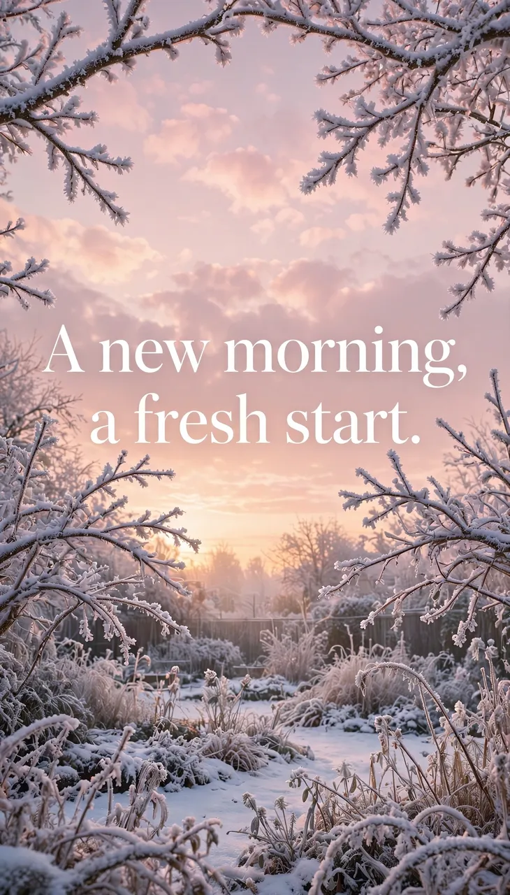 A snowy frost-covered garden at pale pink sunrise displays the quote "A new morning, a fresh start." in white serif text.