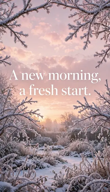 A snowy frost-covered garden at pale pink sunrise displays the quote "A new morning, a fresh start." in white serif text.