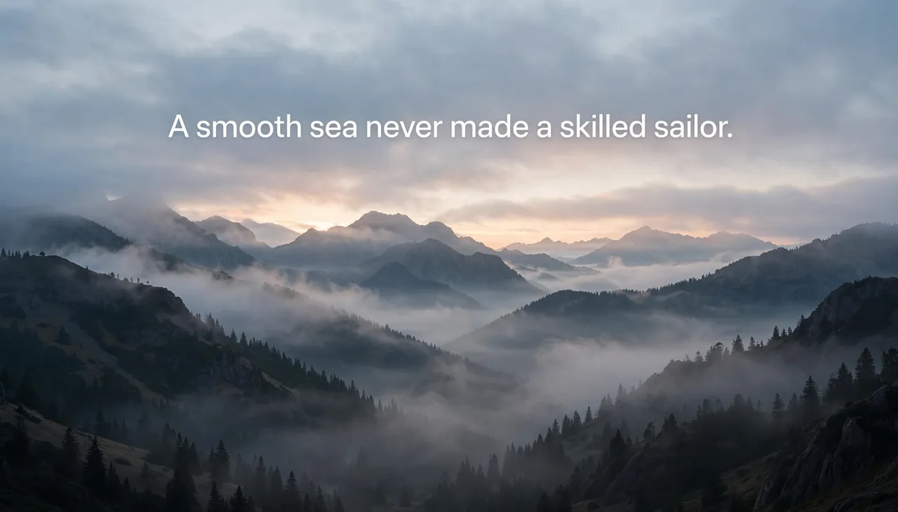 Widescreen misty mountain range at dawn with the quote "A smooth sea never made a skilled sailor." in clean white text