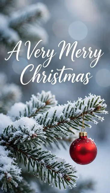 Snowy fir branch with a red bauble displays the text "A Very Merry Christmas" over a soft blurred bokeh background