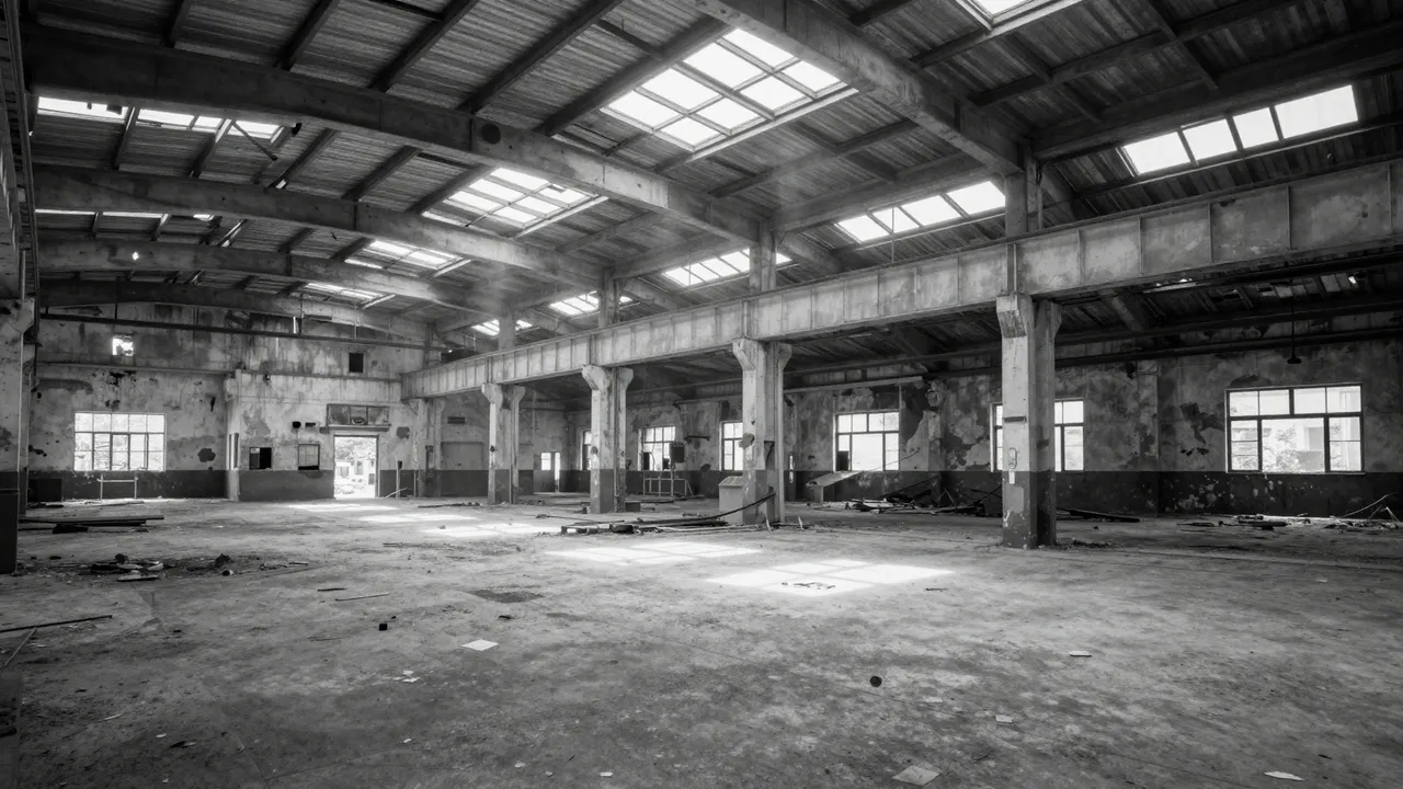 Sunbeams stream through broken skylights across the empty floor of a derelict abandoned factory in black and white
