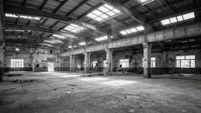 Sunbeams stream through broken skylights across the empty floor of a derelict abandoned factory in black and white
