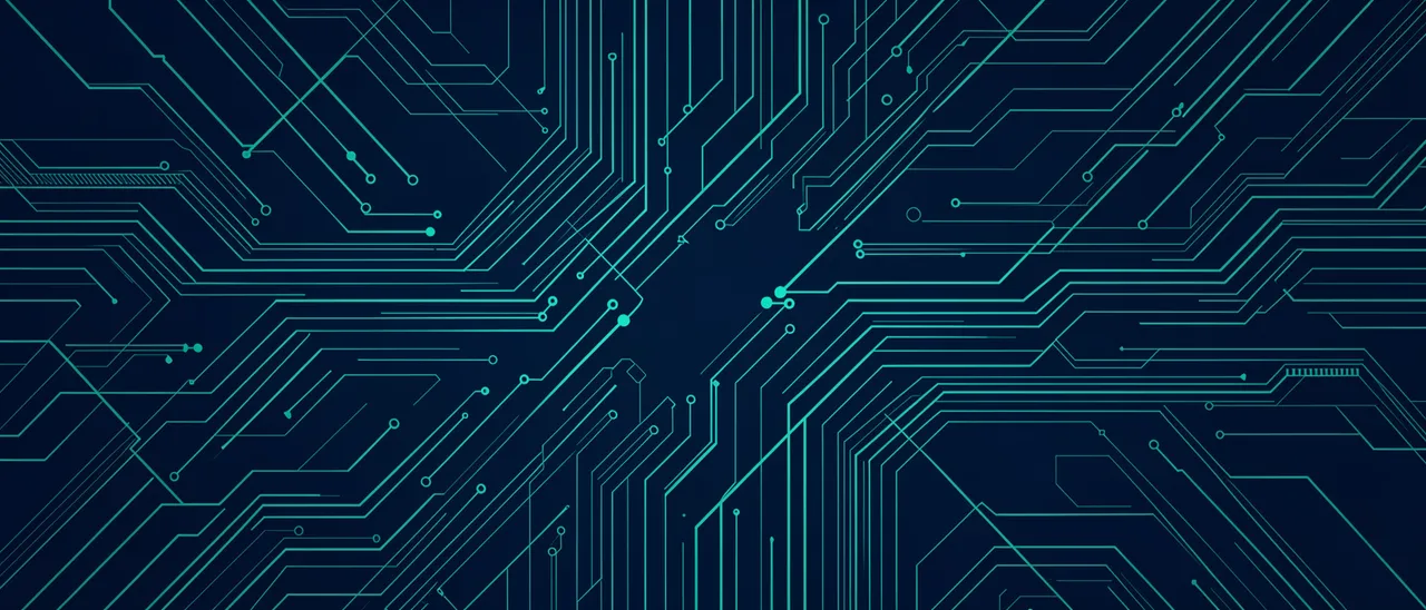 Thin teal circuit board lines form a symmetrical pattern against a dark navy blue background
