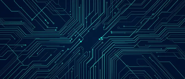 Thin teal circuit board lines form a symmetrical pattern against a dark navy blue background