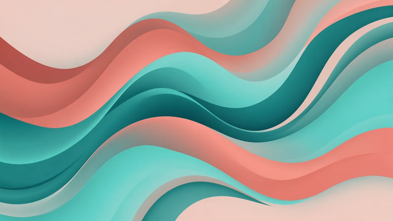 Smooth flowing layered gradient waves in coral pink and teal hues fill the frame.