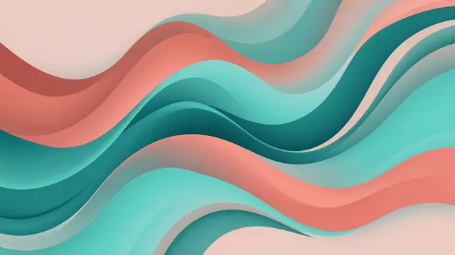 Smooth flowing layered gradient waves in coral pink and teal hues fill the frame.