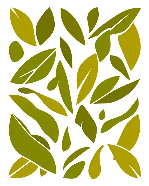 Flat minimalist illustration of scattered olive and mustard leaf cutout shapes on a plain white background