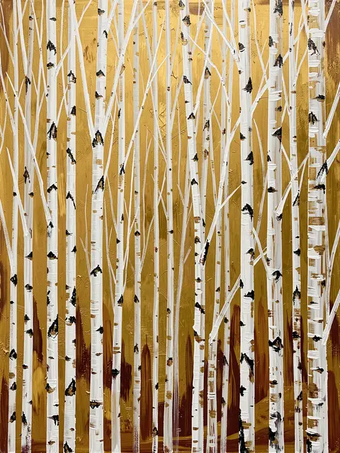 Textured impasto painting of white birch trunks set against a warm gold and umber background