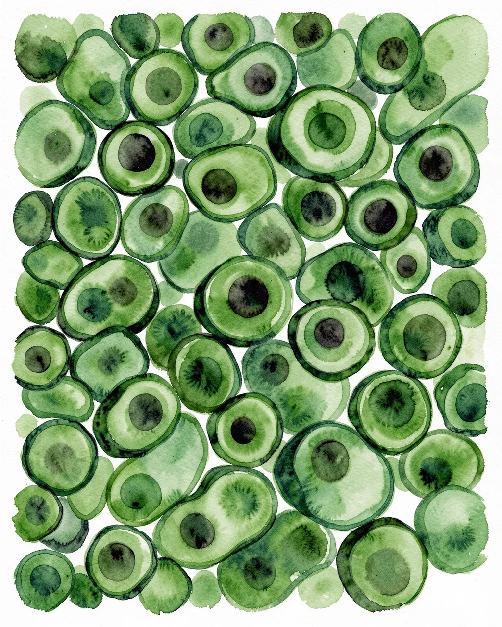 Tightly packed organic watercolor green cell shapes with dark round centers on white background
