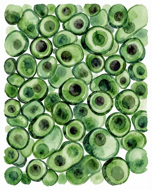 Tightly packed organic watercolor green cell shapes with dark round centers on white background