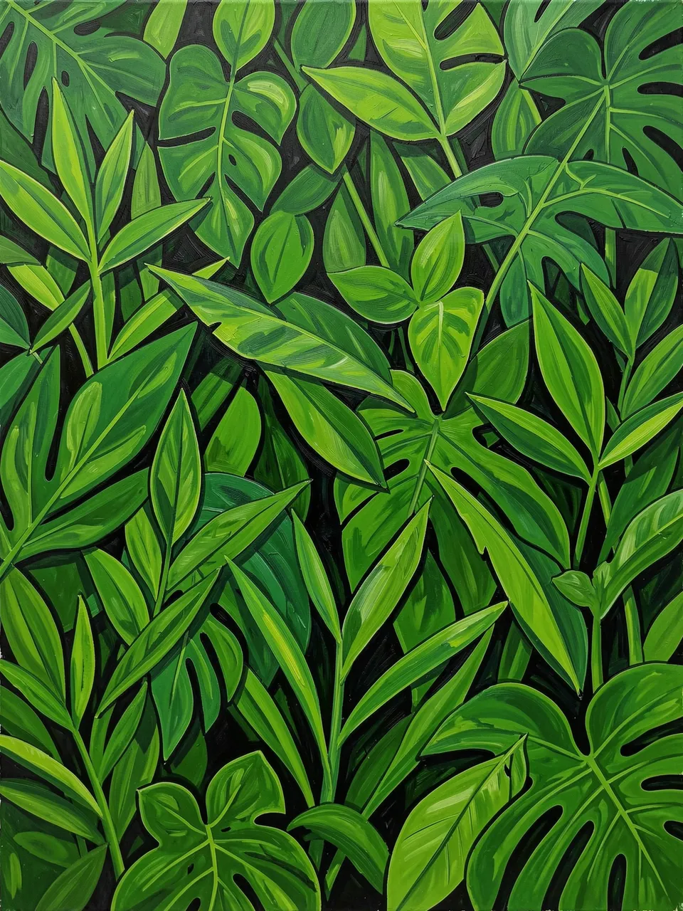 Layered overlapping green tropical leaf shapes in a bold acrylic painting against a dark background