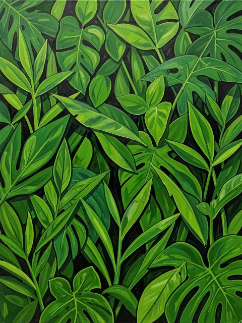 Layered overlapping green tropical leaf shapes in a bold acrylic painting against a dark background