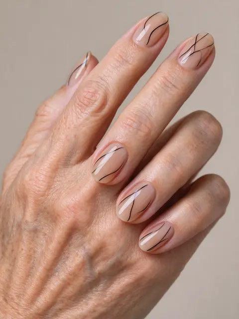 Close-up of a mature woman's hand displaying sheer beige nails with fine black abstract line art.