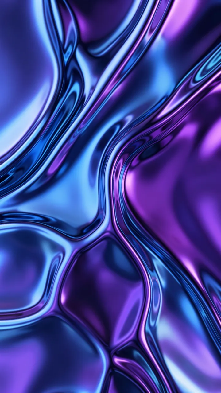 Glossy swirling liquid chrome texture in blended shades of blue and purple