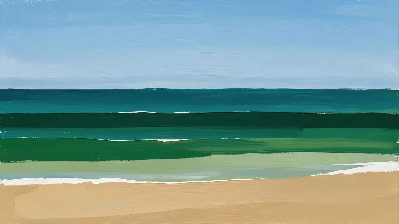 Minimal abstract painting of a beach scene with horizontal bands of tan sand, green sea, and light blue sky