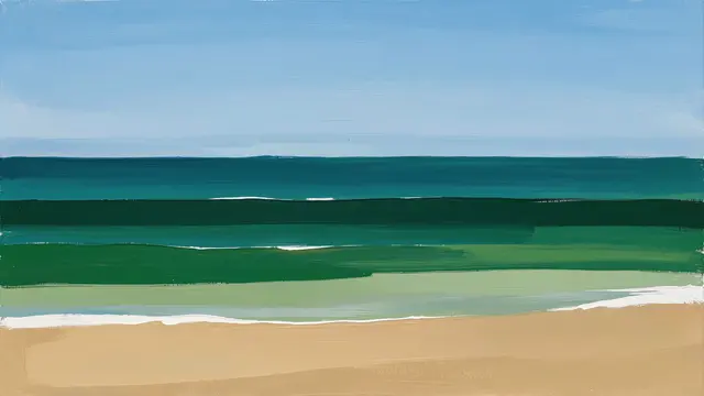 Minimal abstract painting of a beach scene with horizontal bands of tan sand, green sea, and light blue sky