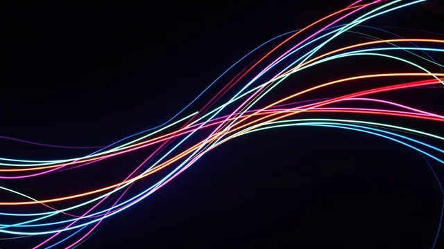 Curved multicolored neon light trails arc across a solid black background