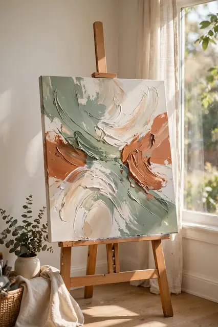 Textured sage, terracotta and cream abstract acrylic painting rests on a wooden easel in sunlit room beside a window.
