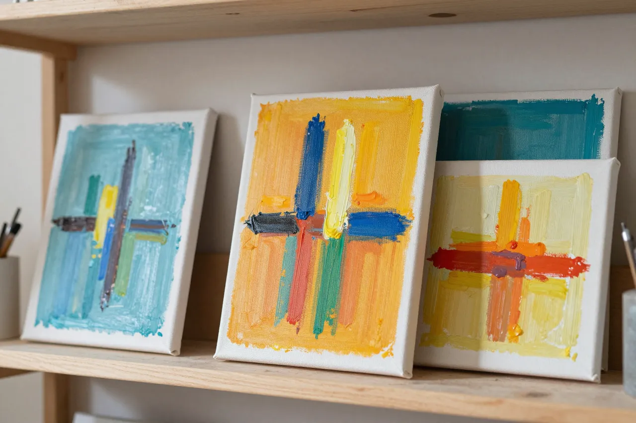 Small textured abstract painted canvases stand upright on a light wooden studio shelf with paintbrush holders at the sides.