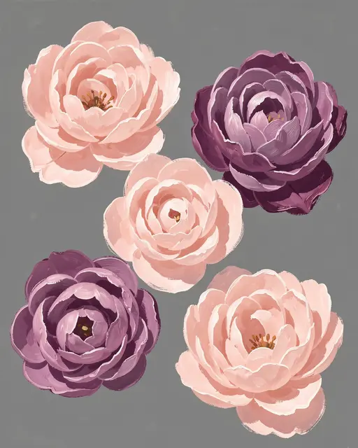 Textured brushstroke painting of blush pink and plum peony blooms arranged on a solid gray background