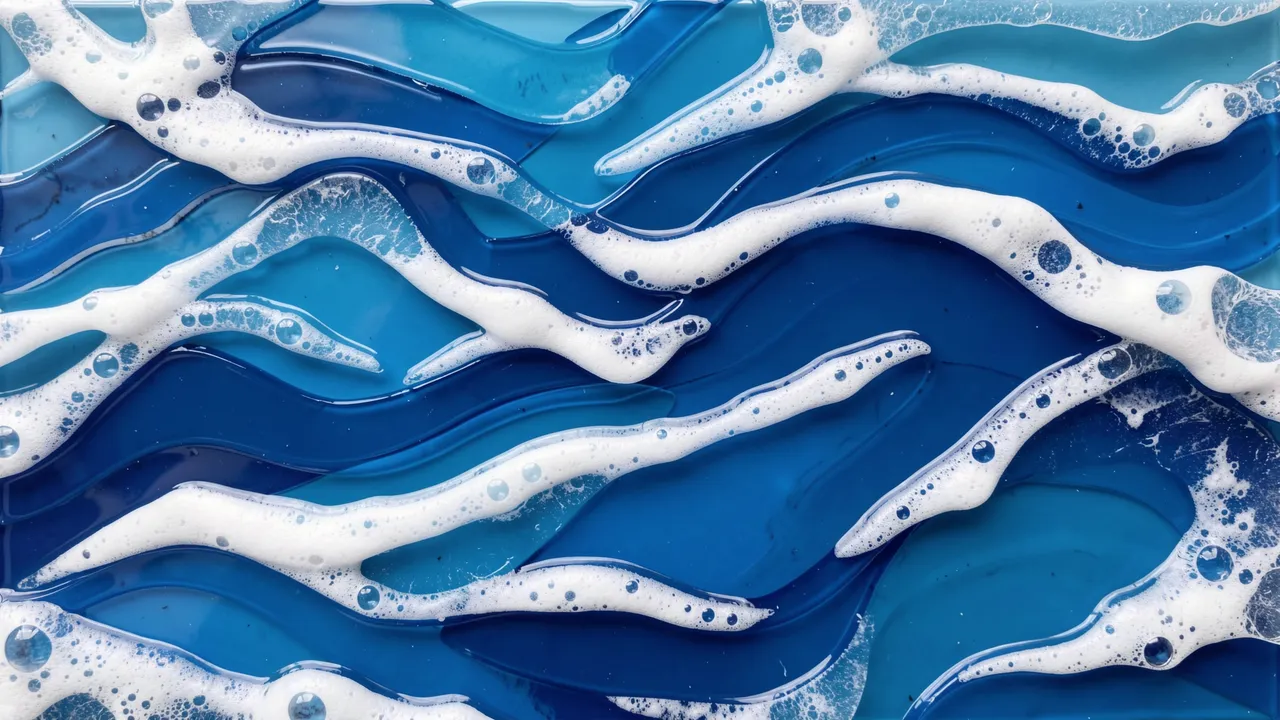 Glossy layered blue resin waves with bubbly white foam patterns span the full frame