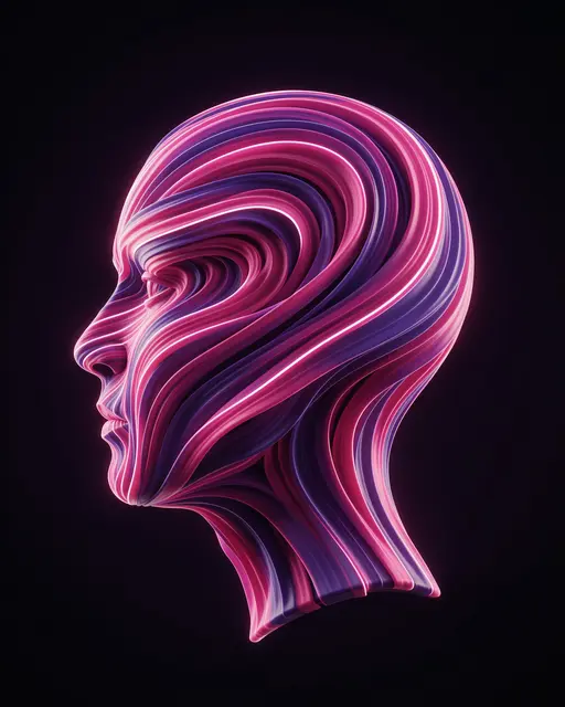 Glowing swirling pink and violet ribbon profile of a human head against a solid black background