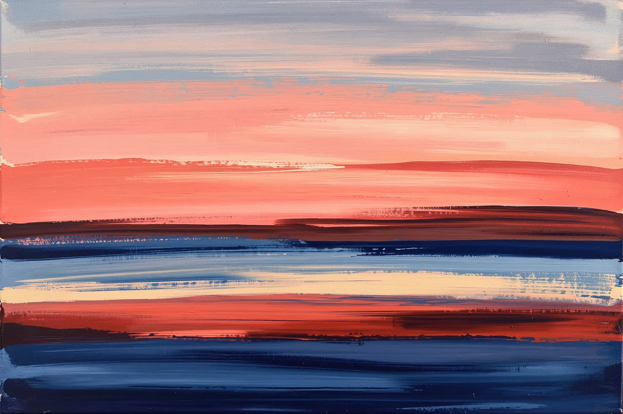 Layered smeared acrylic bands of coral, pink, and indigo form an abstract sunset horizon artwork