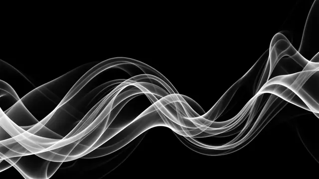 Wispy translucent white smoke waves curve and flow across a solid black background