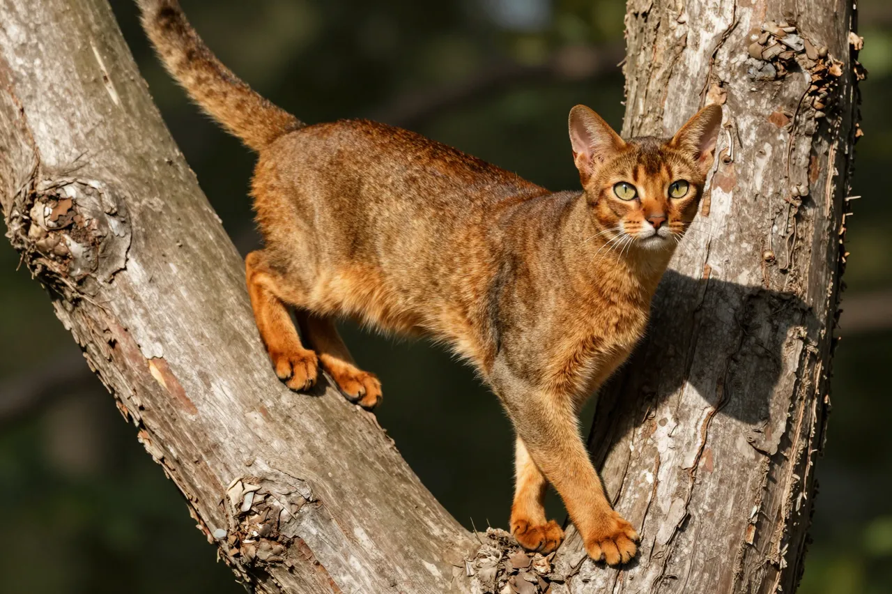 A slender golden ticked Abyssinian cat stands balanced on a sunlit tree trunk looking at the camera