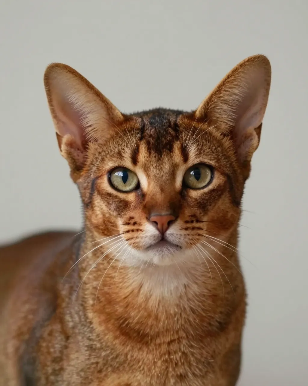 Close-up portrait of an Abyssinian cat with large pointed ears looking directly at the viewer