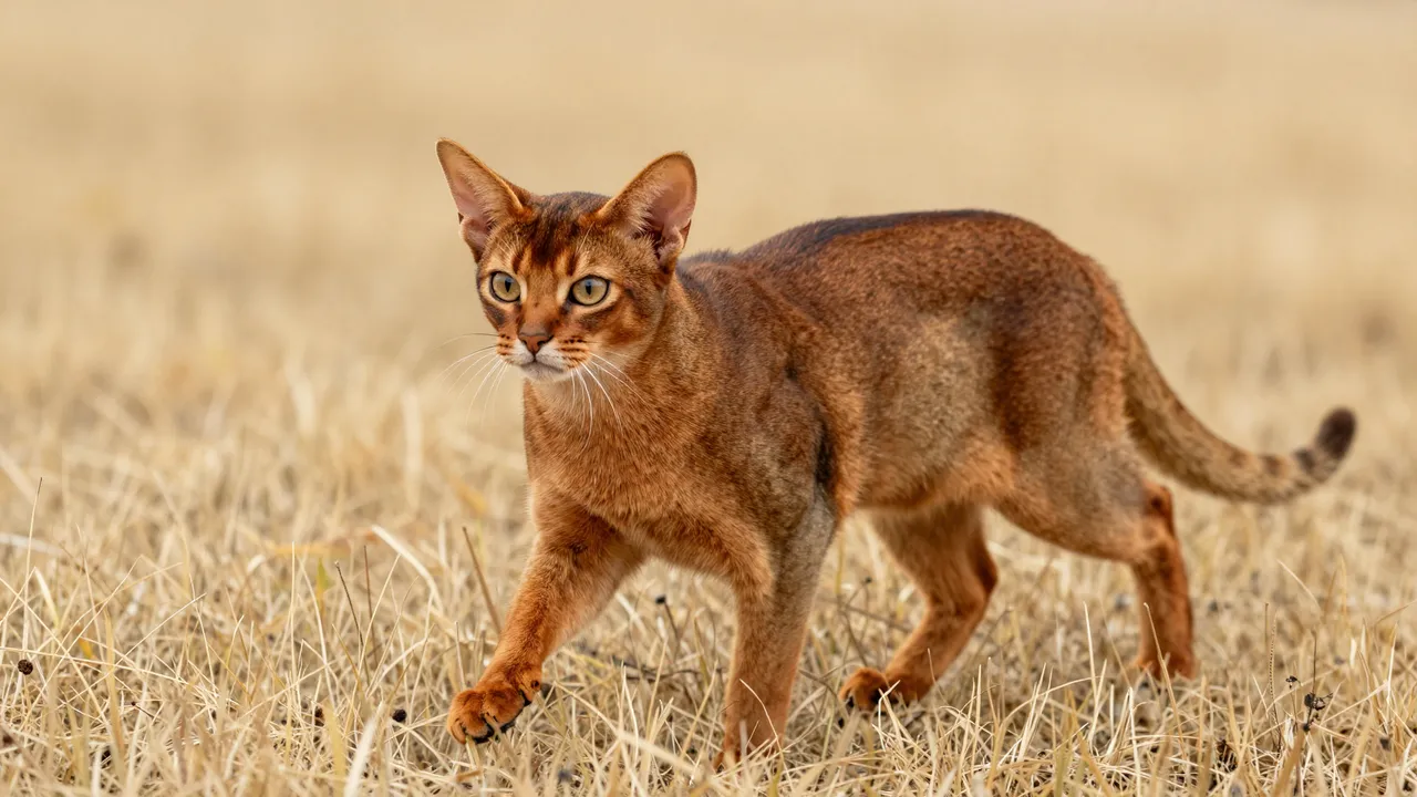 A ticked coppery Abyssinian cat with large ears walks cautiously through tall dry golden grass