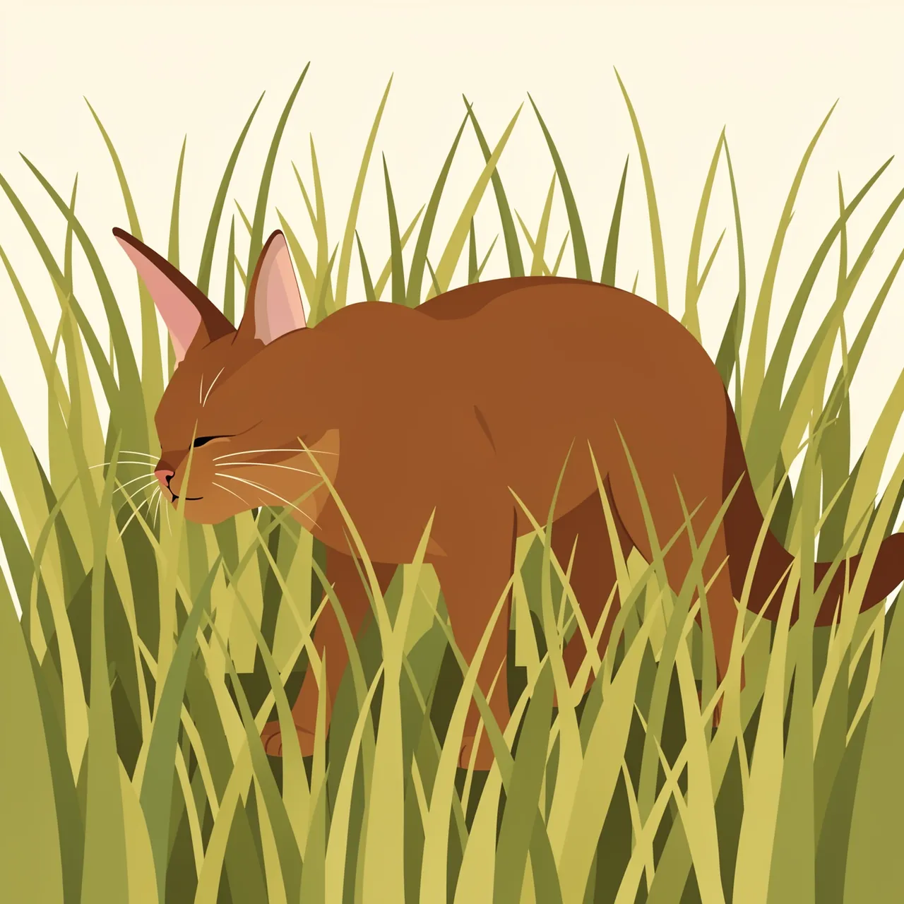Side view flat vector illustration of a brown Abyssinian cat stalking through tall grass