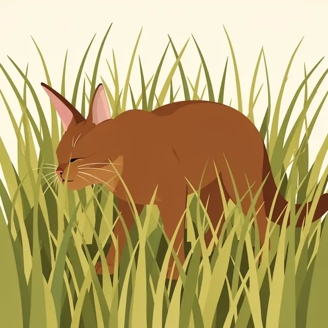 Side view flat vector illustration of a brown Abyssinian cat stalking through tall grass