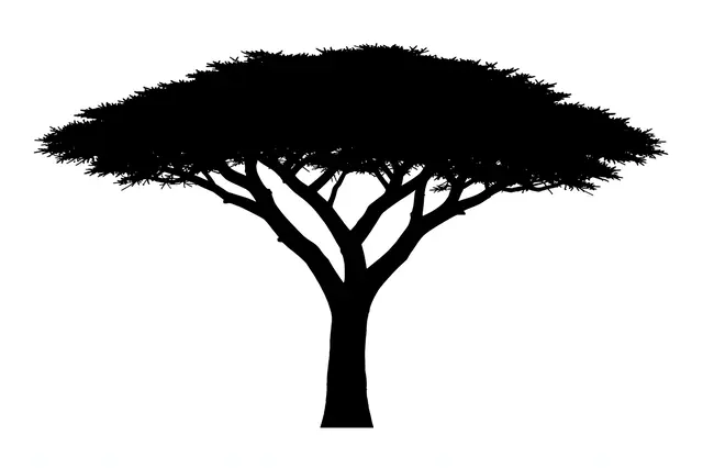 Solid black acacia tree silhouette with flat umbrella crown on plain white background