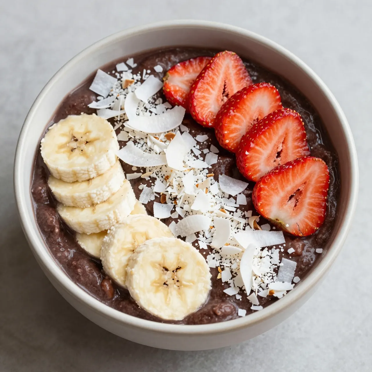 Top view of an acai bowl topped with banana slices, strawberries, and coconut flakes in a light ceramic bowl