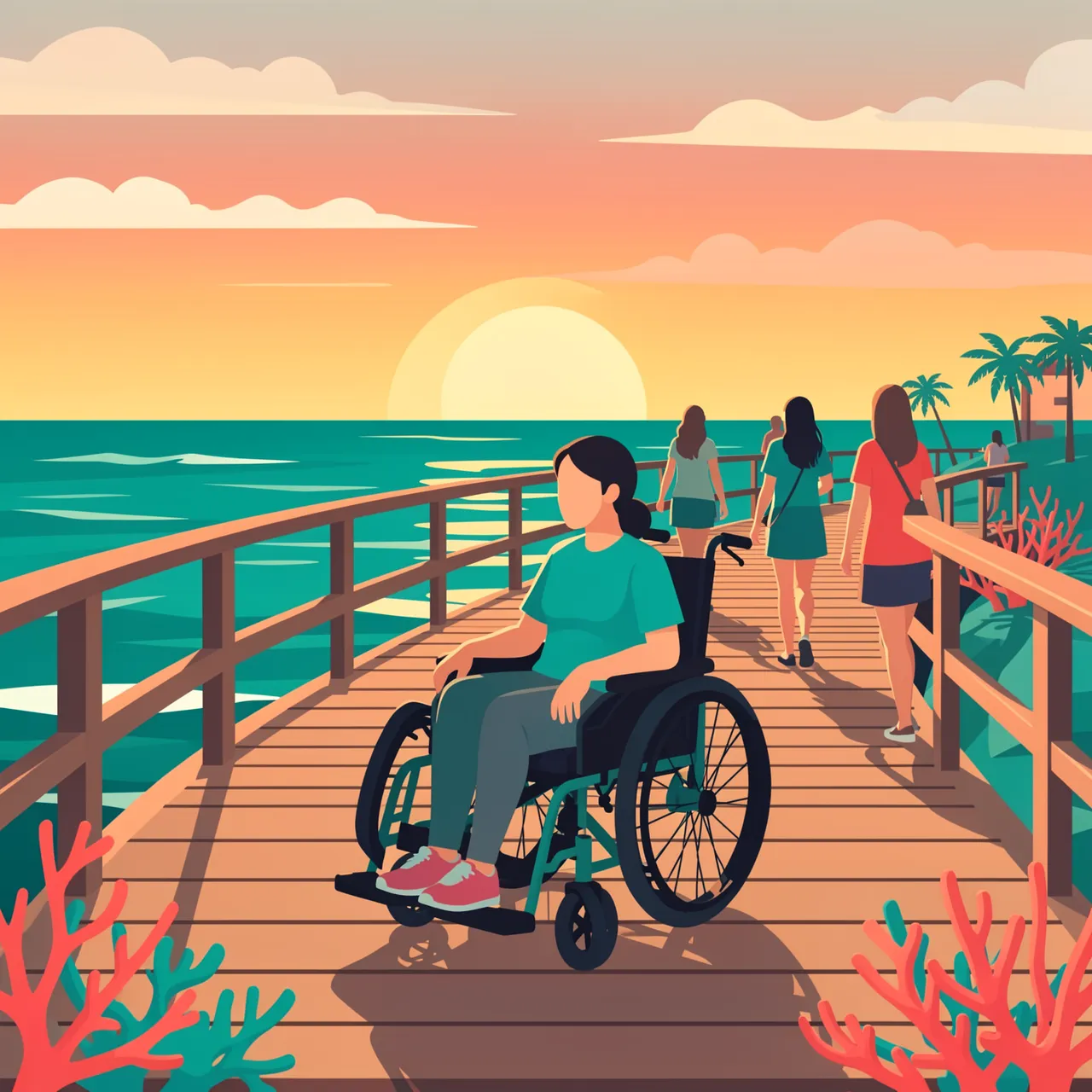 Faceless traveler in a wheelchair rests on a wooden seaside boardwalk at a warm sunset, with other people walking nearby.