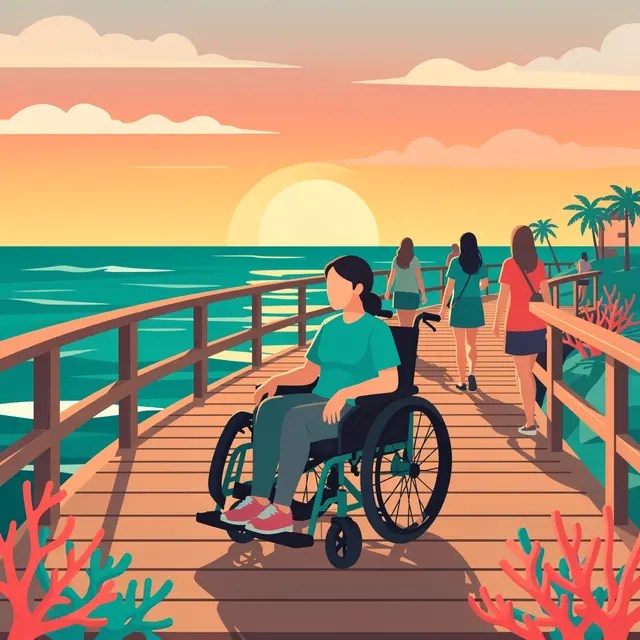 Faceless traveler in a wheelchair rests on a wooden seaside boardwalk at a warm sunset, with other people walking nearby.