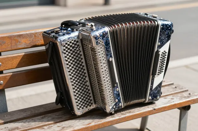 A blue and silver accordion rests on a weathered wooden bench on a sunny urban street
