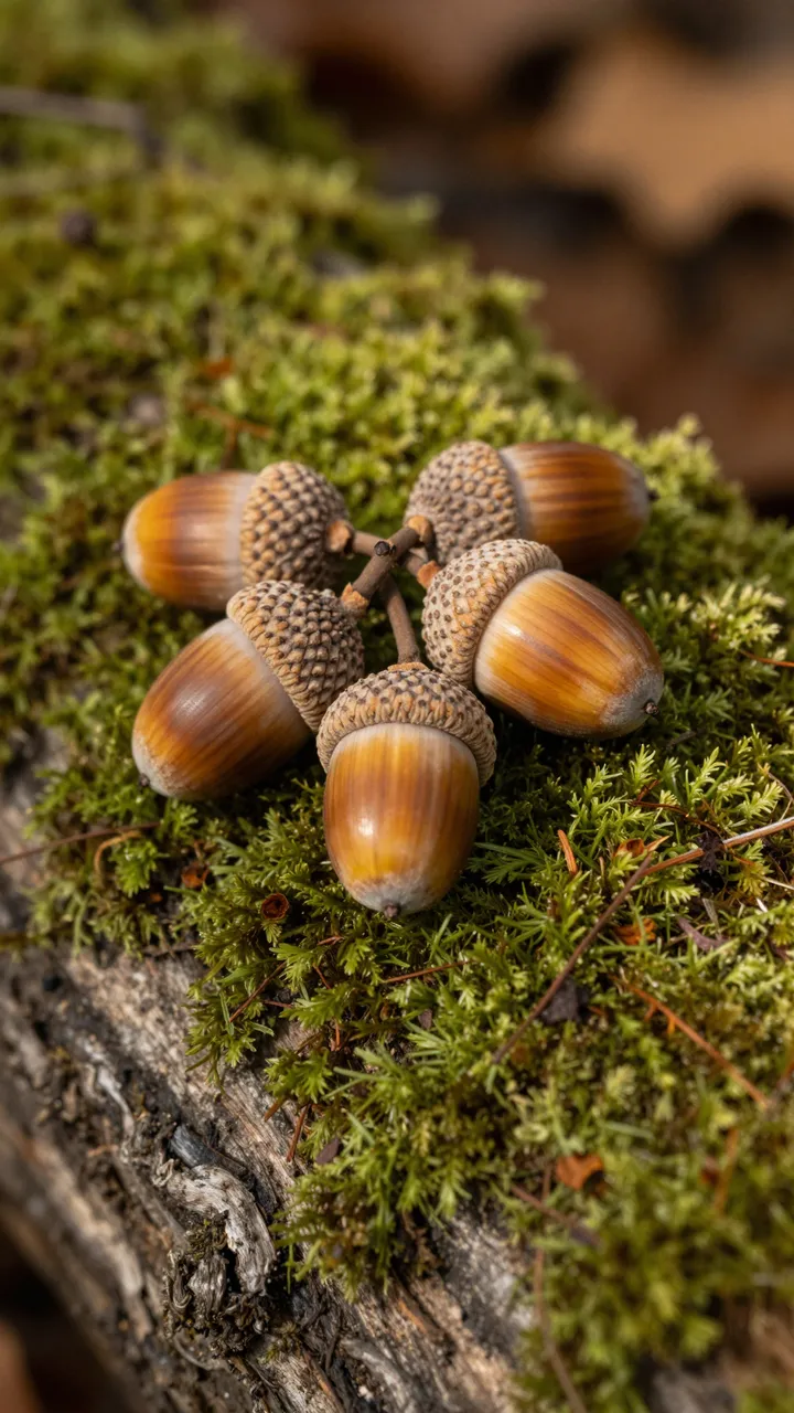Cluster of brown acorns resting on lush green moss atop a weathered log