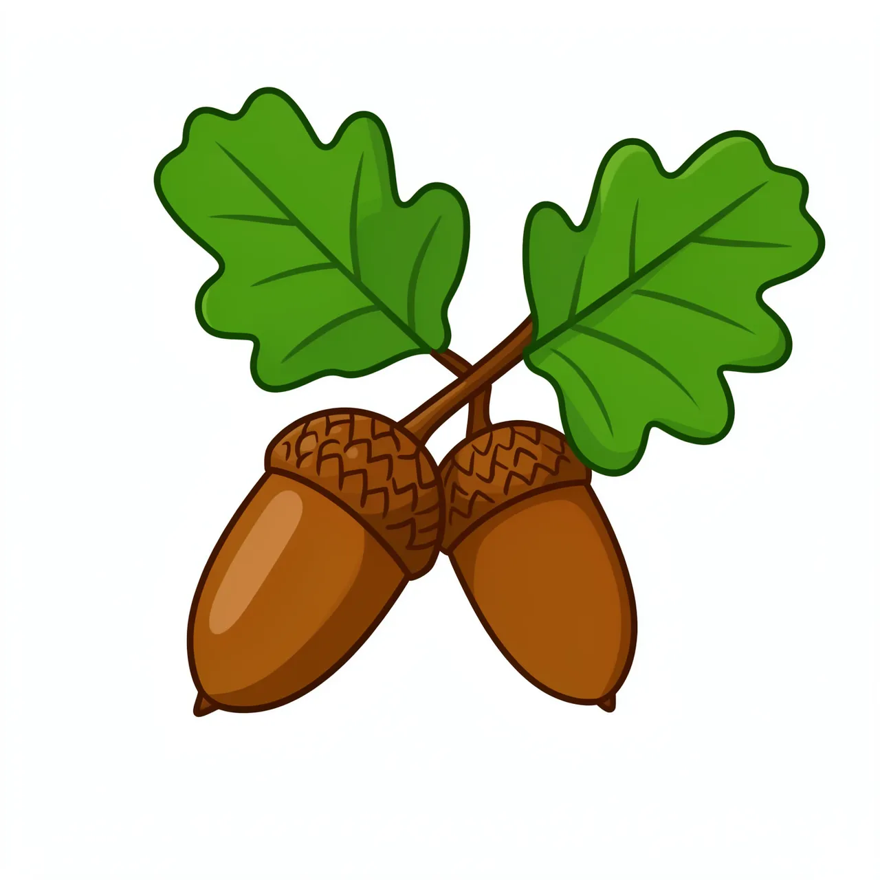 Flat cartoon illustration of two brown acorns on an oak twig with green oak leaves, isolated on a plain white background