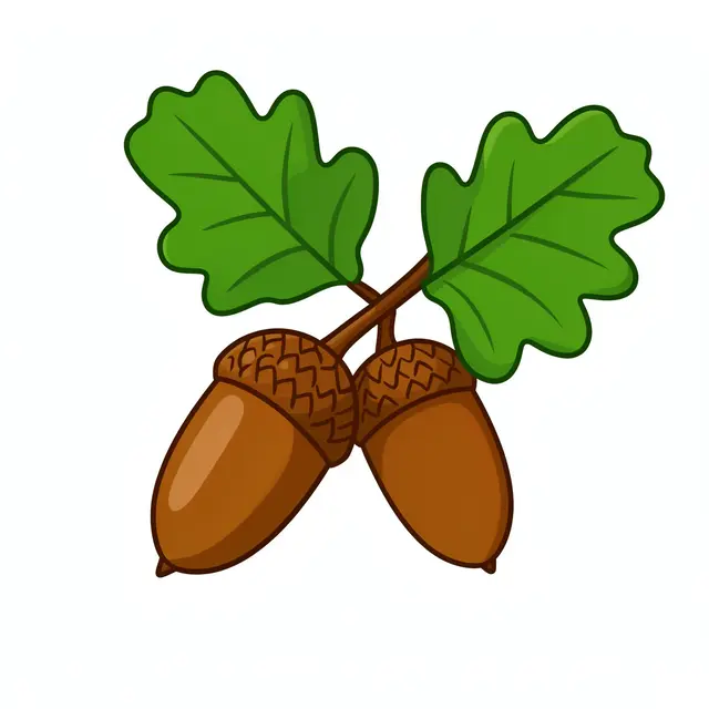Flat cartoon illustration of two brown acorns on an oak twig with green oak leaves, isolated on a plain white background