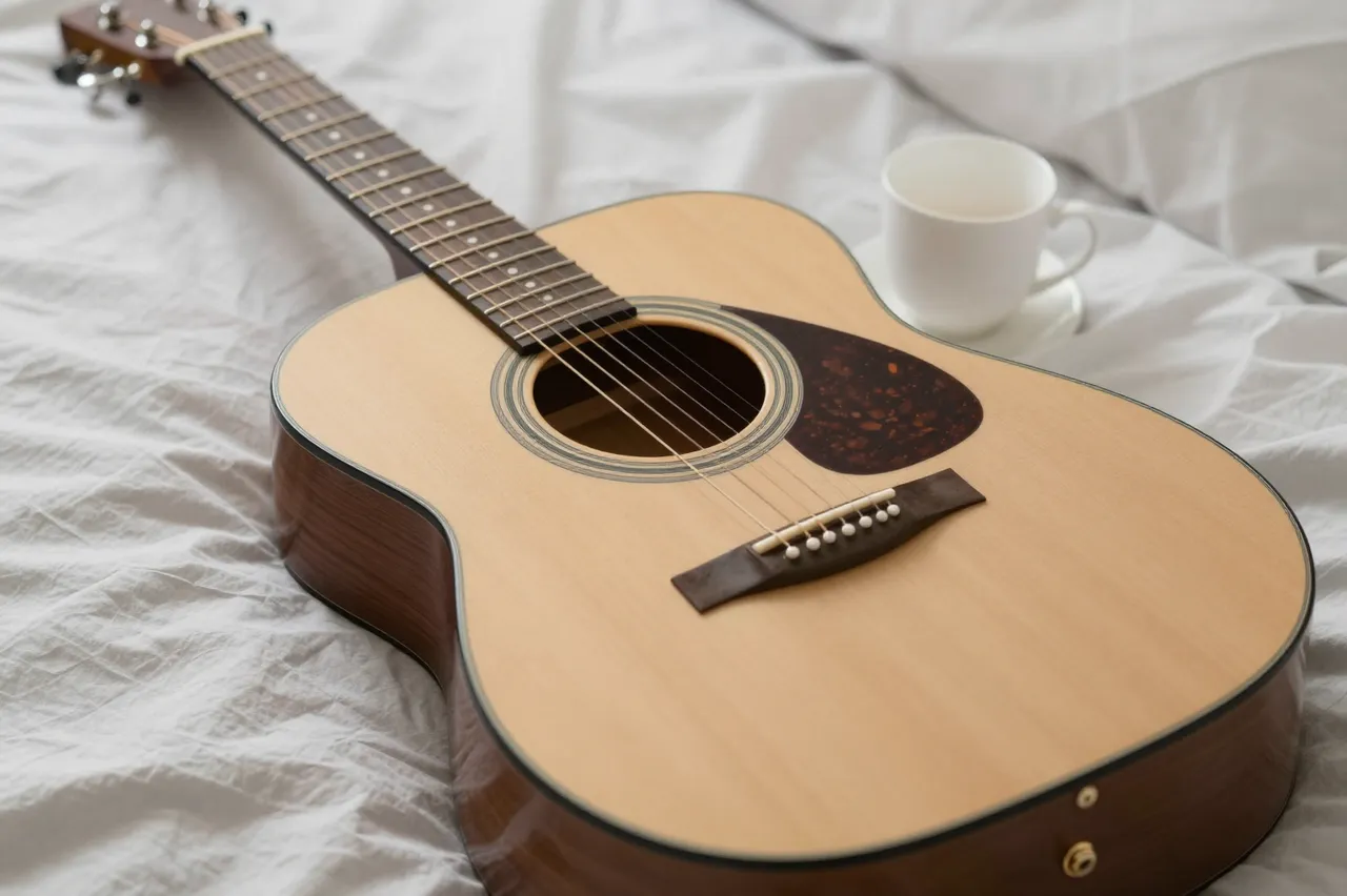An acoustic guitar and a white cup of tea rest on rumpled soft white bed linens.
