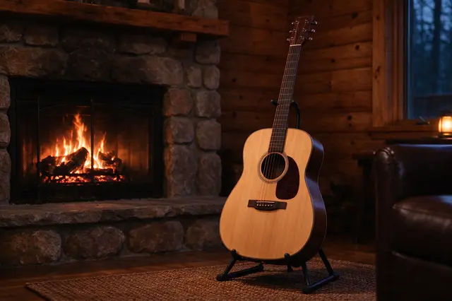 An acoustic guitar on a stand sits beside a burning stone fireplace in a cozy wooden cabin living room