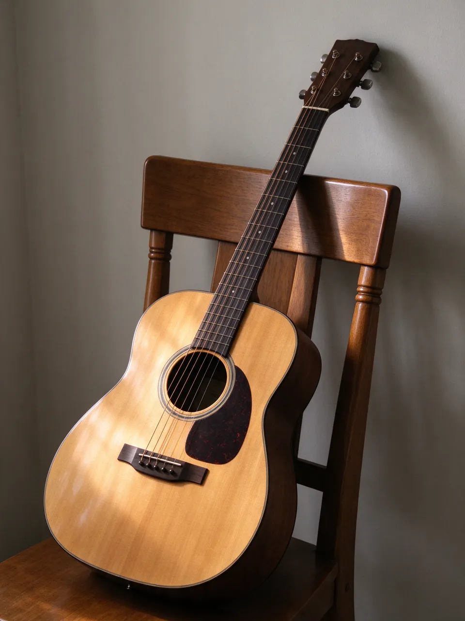 A natural wood acoustic guitar leans against a wooden chair in soft warm window light