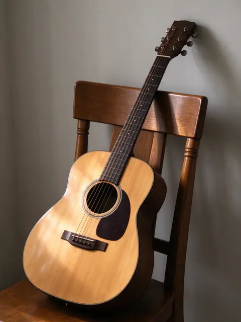 A natural wood acoustic guitar leans against a wooden chair in soft warm window light