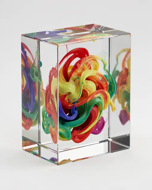 A clear cubic acrylic block holds swirling multicolored ink suspended inside against a plain light background