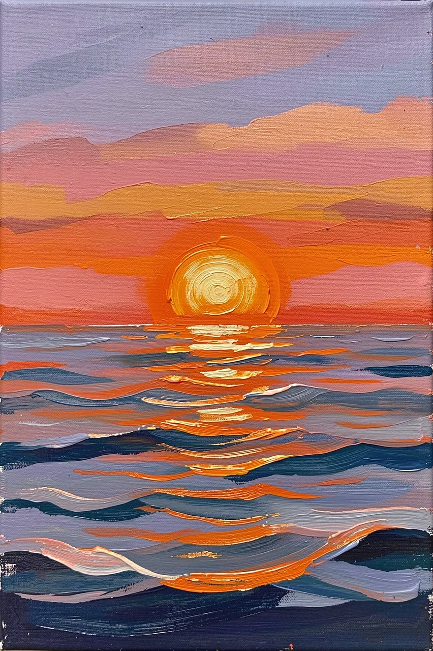Textured impasto acrylic painting of a glowing orange sunset over rolling gentle sea waves