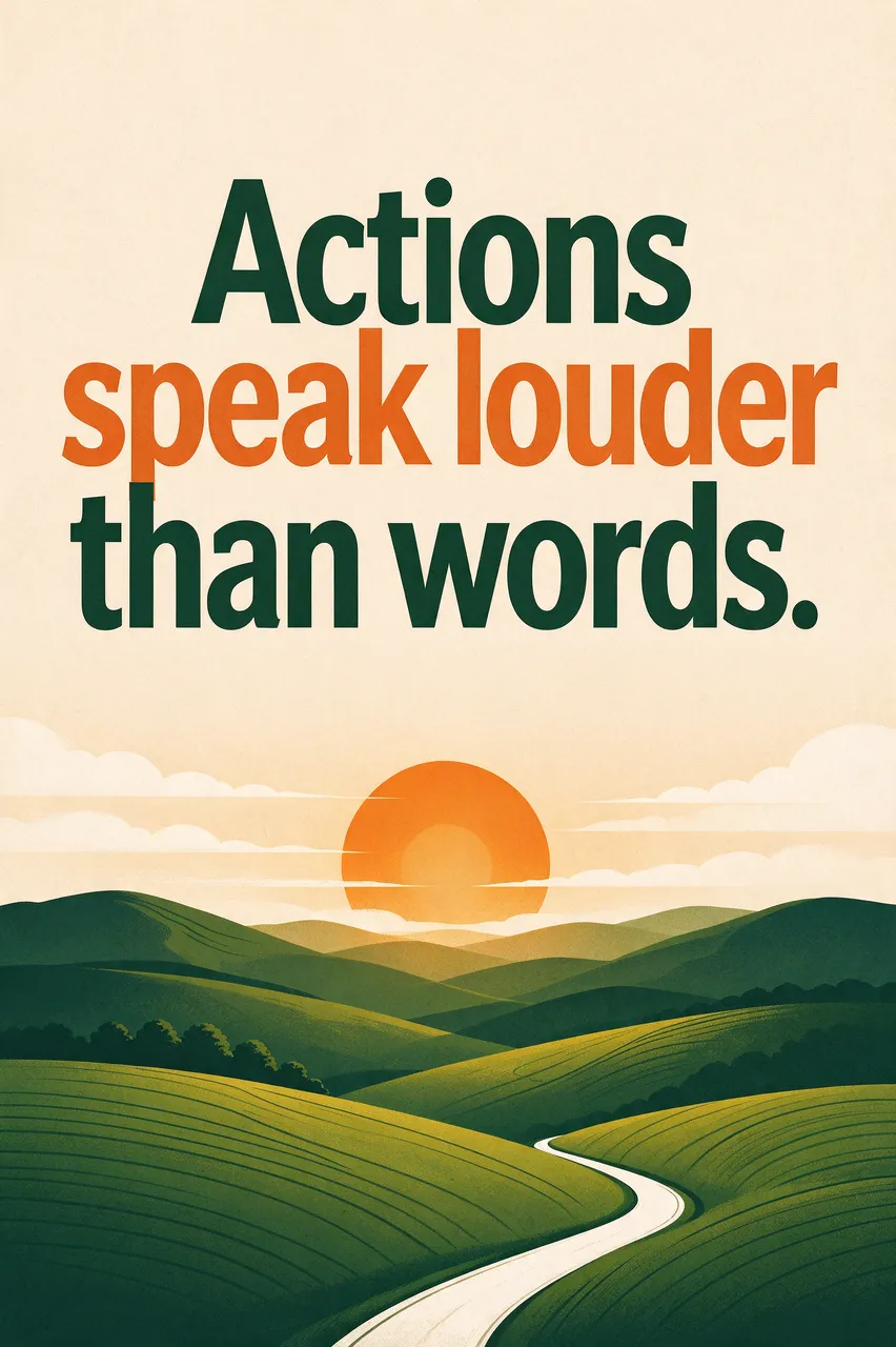 Vintage travel poster style illustration with the quote "Actions speak louder than words." above a sunrise over rolling