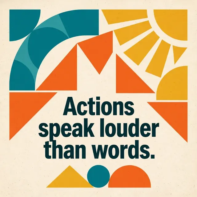 Mid-century modern geometric poster displaying the text "Actions speak louder than words." against a textured off-white